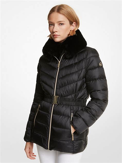 michael kors faux fur trim quilted puffer coat